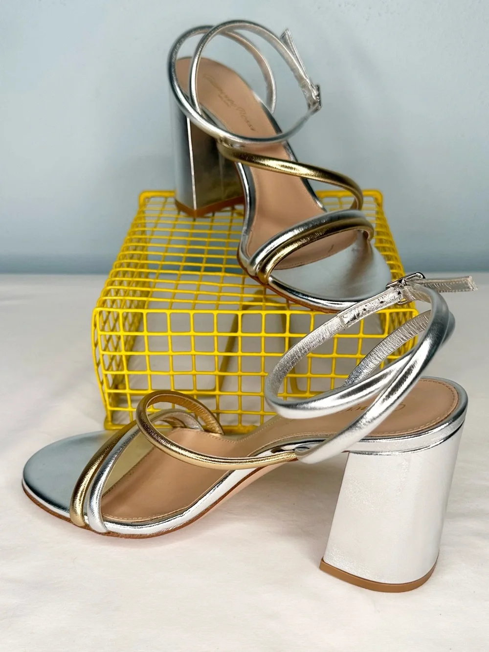 Gianvito Rossi Silver & Gold Metallic Block Heel Sandals